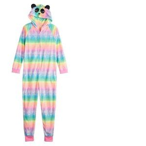 Girls PANDA 1 Pc Pajamas 10/12 Rainbow Striped Hooded SO Zip Fleece Long Sleeve